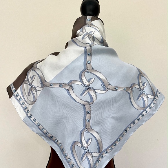 Gucci Logo Chains Color-Block Brown Blue GG Silk Scarf - Picture 6 of 13